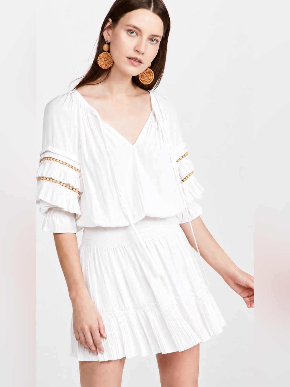 Ramy Brooke Randi Mini Dress Smocking Wooden Beads Ruffle in Ivory sz M
